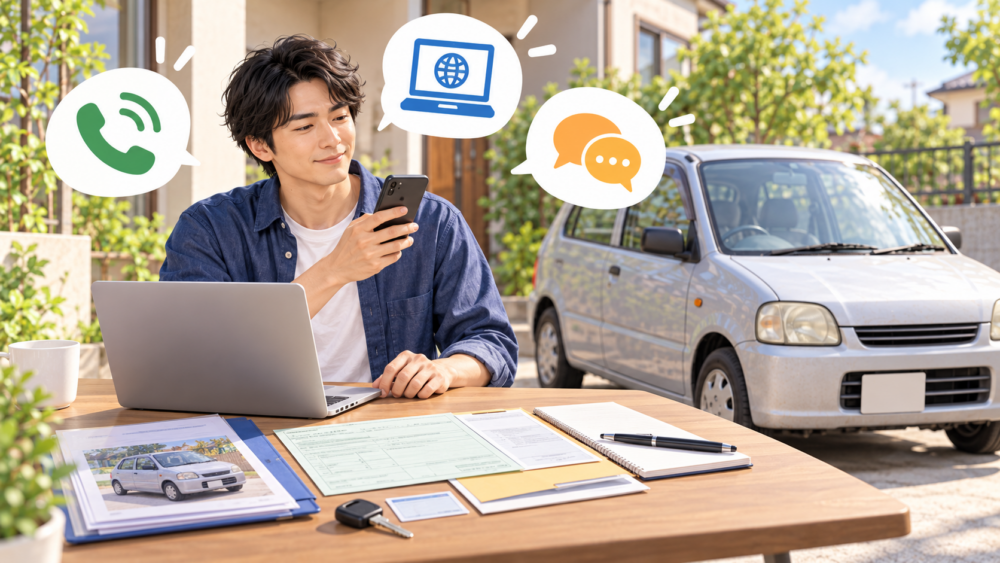 電話やWEB、スマートフォンを使って廃車査定を申し込み、必要書類を準備する日本人男性のイメージ