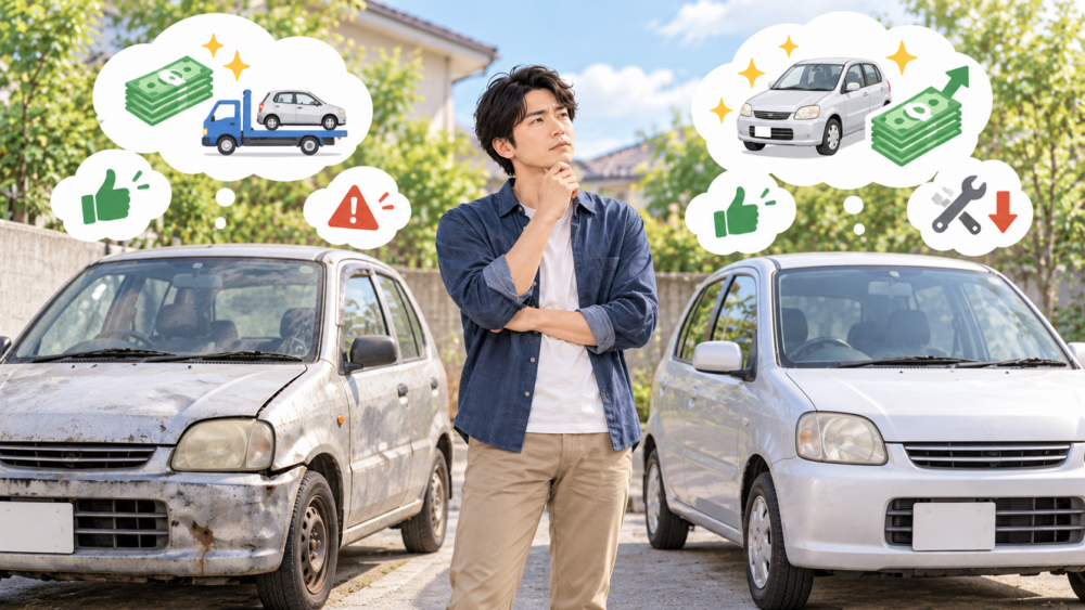 古い車と状態の良い車を見比べながら、廃車買取のメリットとデメリットを検討する日本人男性のイメージ