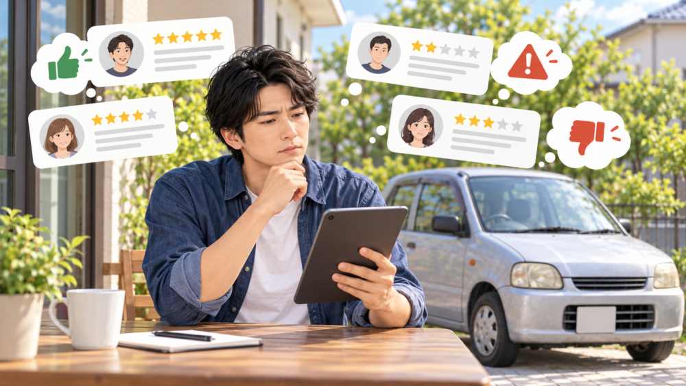 廃車王の良い口コミと悪い口コミをタブレットで比較しながら、古い車の売却を検討する日本人男性のイメージ