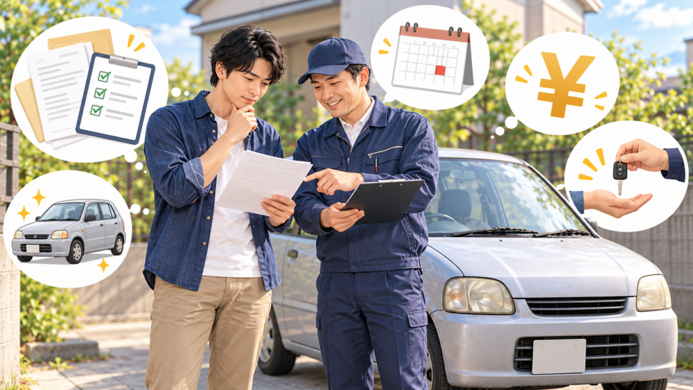 廃車の査定額や必要書類、引取日などを担当者と確認し、トラブルを防ぐ日本人男性のイメージ