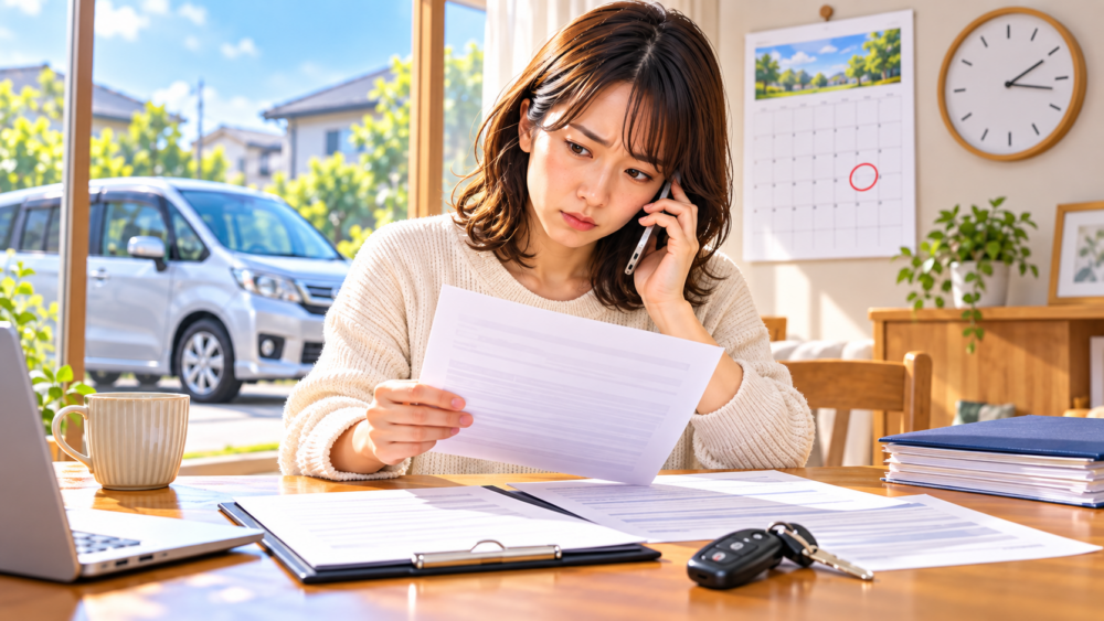車売却の契約後にキャンセル条件を確認しながら電話で相談する女性のイメージ