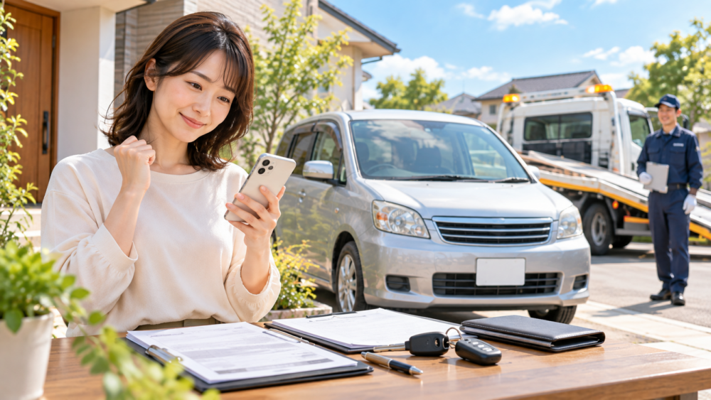 車の引き渡し前に必要書類や鍵を準備して手続きを確認する女性のイメージ