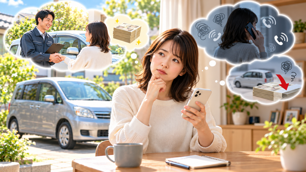 カーネクストの良い評判と悪い口コミを比較しながら車の売却を検討する女性のイメージ