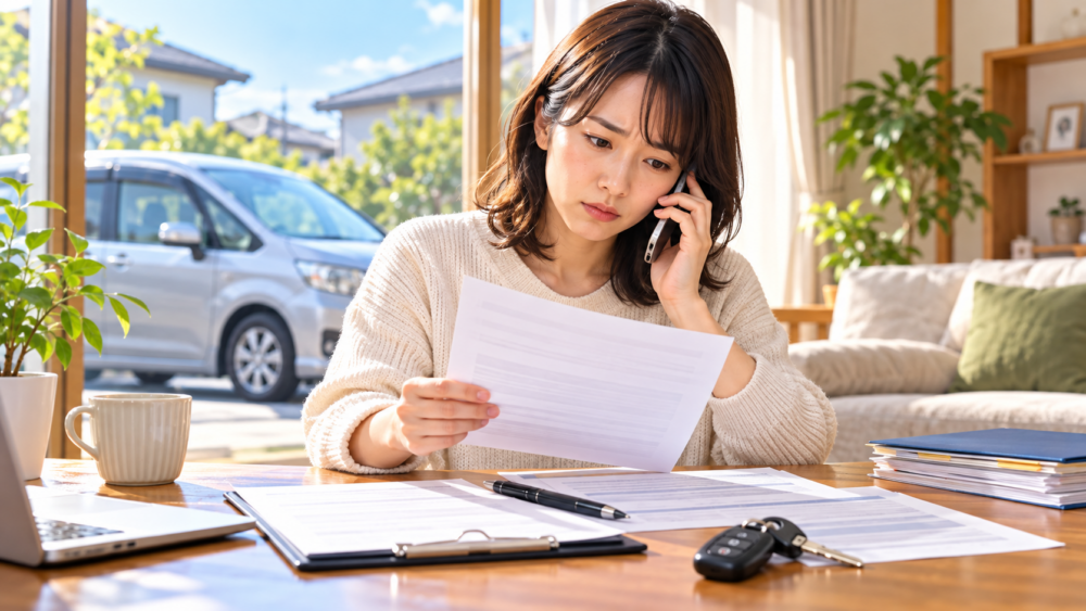 車売却の電話を受けながら契約書類と条件を確認する女性のイメージ
