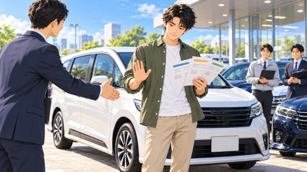 複数の車買取見積もりを確認し最初の査定で即決せず比較する男性