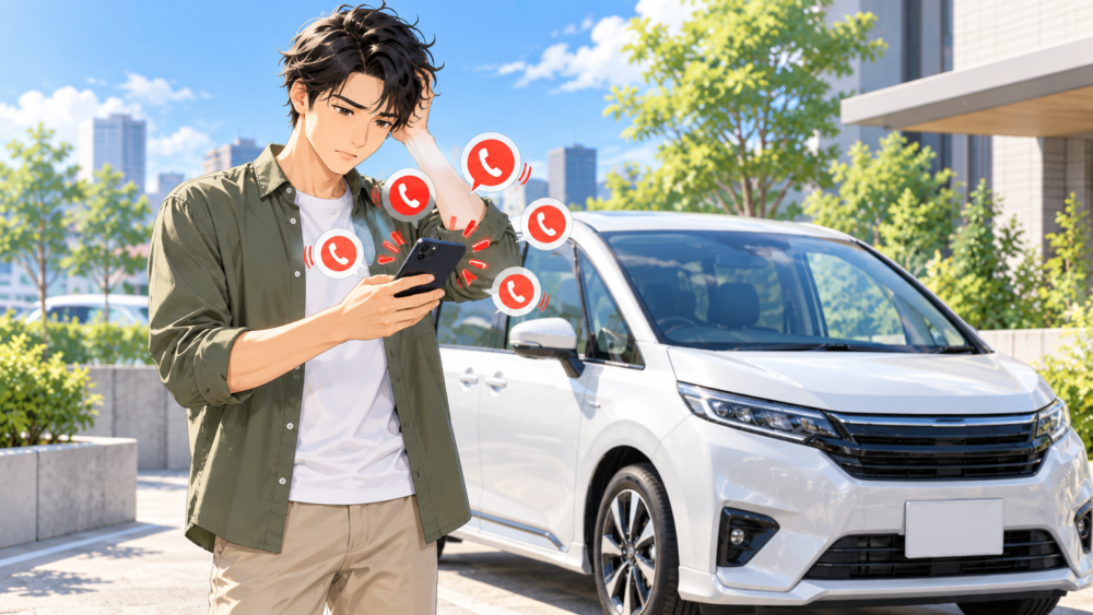 車一括査定後にスマートフォンへ複数の電話が入り困っている男性