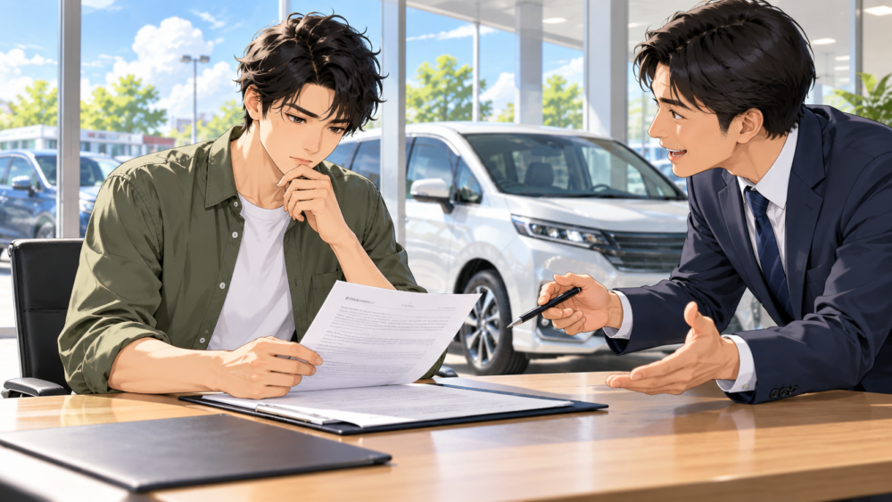 車の売却契約書を確認しながら営業担当者との契約を慎重に検討する男性