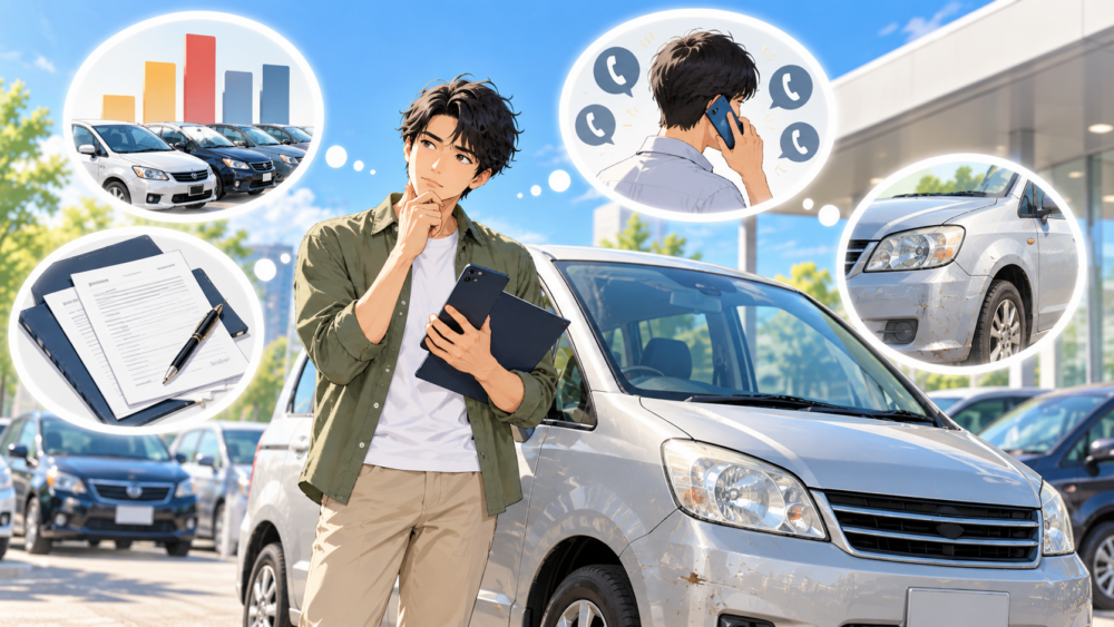 査定価格や電話対応、手続き、車の状態を考えながら売却先を選ぶ男性