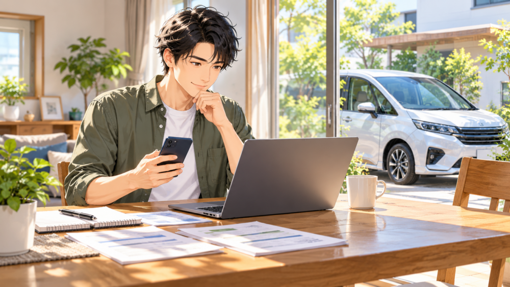 自宅でパソコンとスマホを使い車の売却先や査定方法を調べる男性