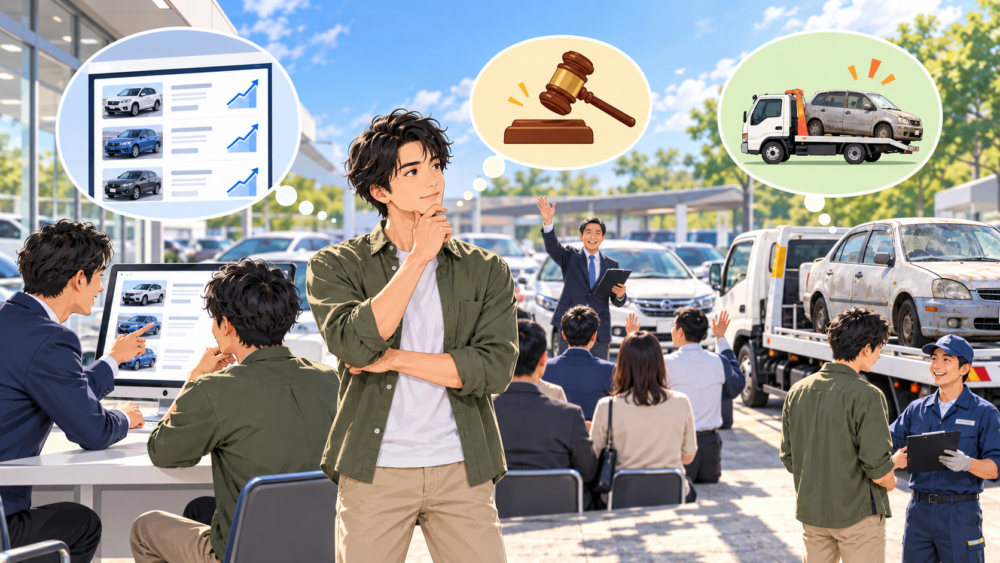 高値査定やオークション、不動車買取など目的別の車売却方法を検討する男性