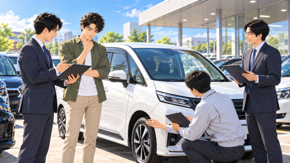 同じ車を複数の査定スタッフに見てもらい買取条件を比較する男性