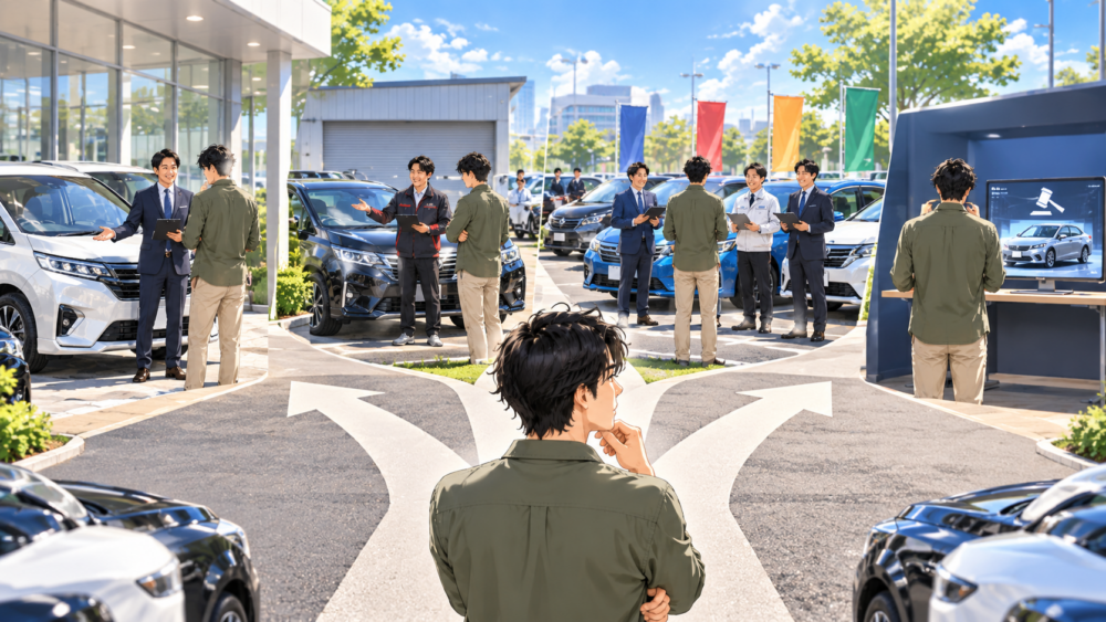 下取りや買取店、一括査定、オークションなど車の売却方法を比較する男性