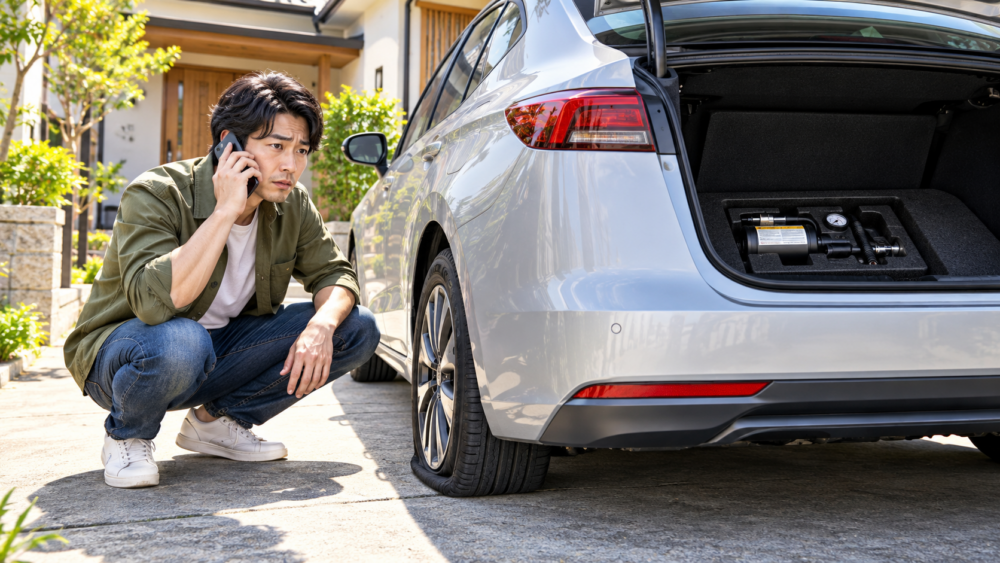 自宅駐車場でパンクした車とスペアタイヤの代わりに搭載された応急修理キットを確認する男性