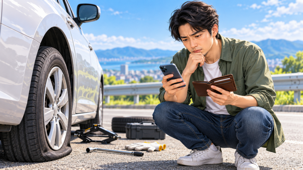 パンクした車の前でスマートフォンと財布を手に修理料金を確認する男性