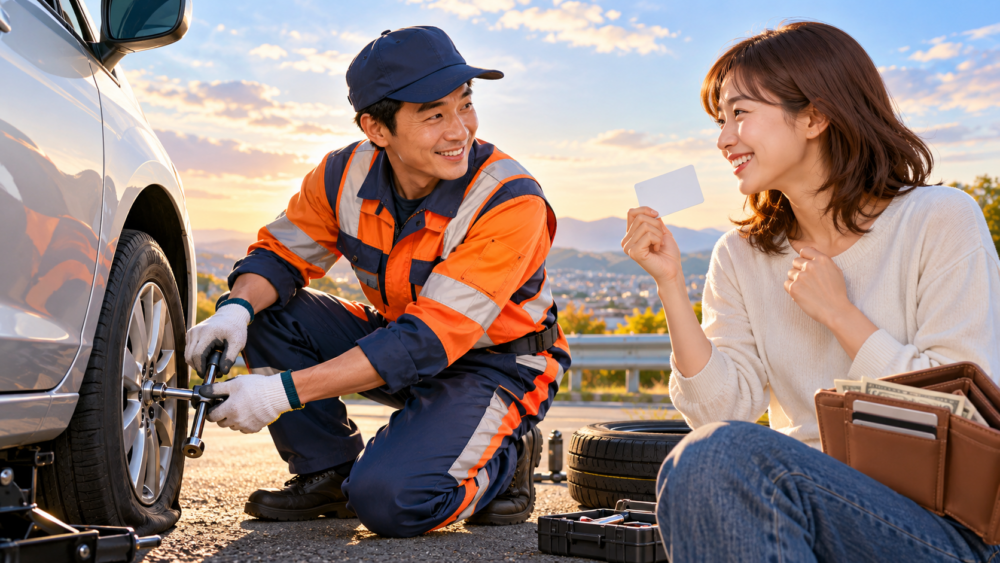 パンクした車を整備するロードサービススタッフと会員カードを持つ女性