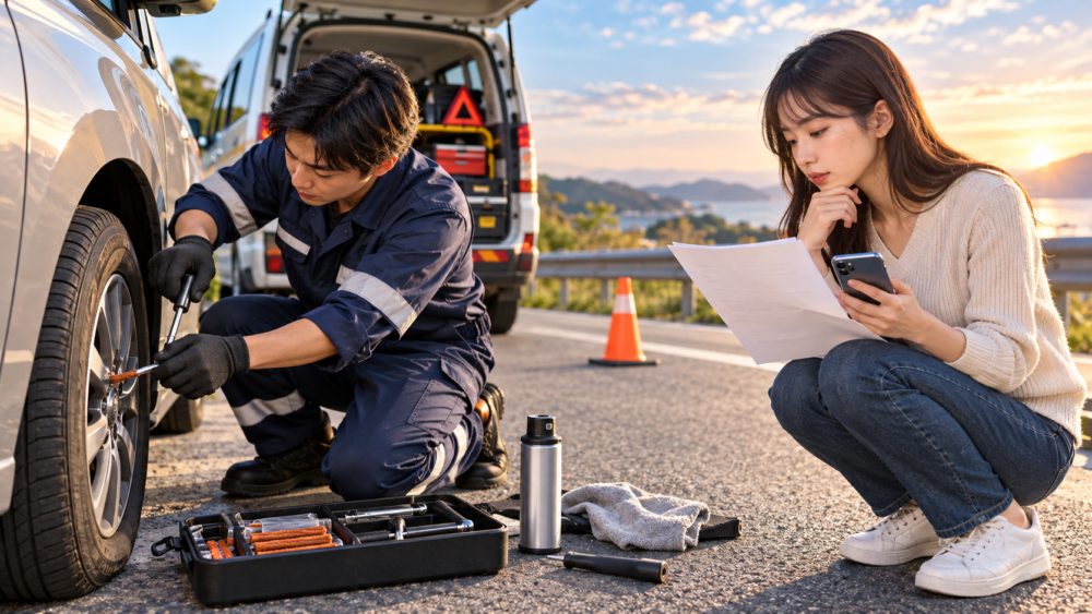路上でタイヤの応急修理を行うスタッフと保険書類やスマートフォンを確認する女性
