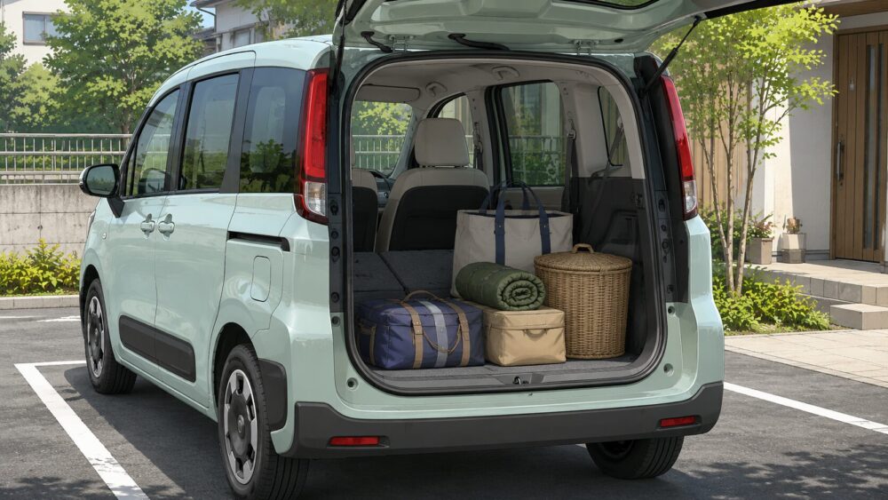 後席を倒したシエンタの荷室に旅行バッグやアウトドア用品を積んだ状態
