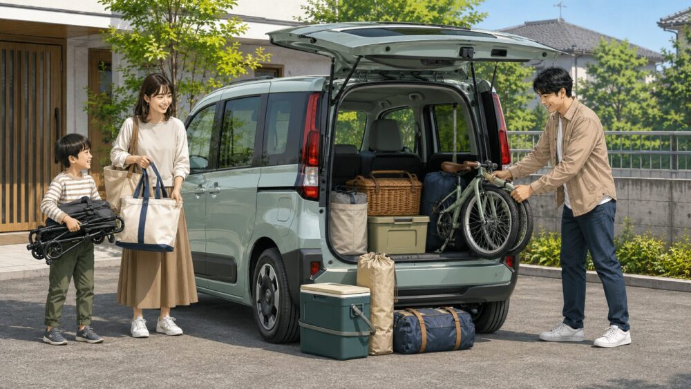シエンタの荷室へ自転車やベビーカー、キャンプ用品を積み込む家族