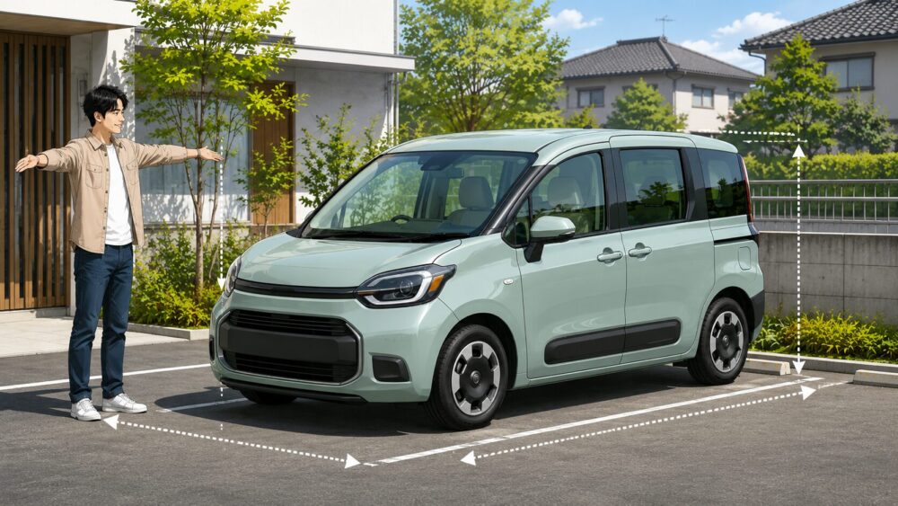 シエンタの全長・車幅・高さと駐車スペースを確認する男性