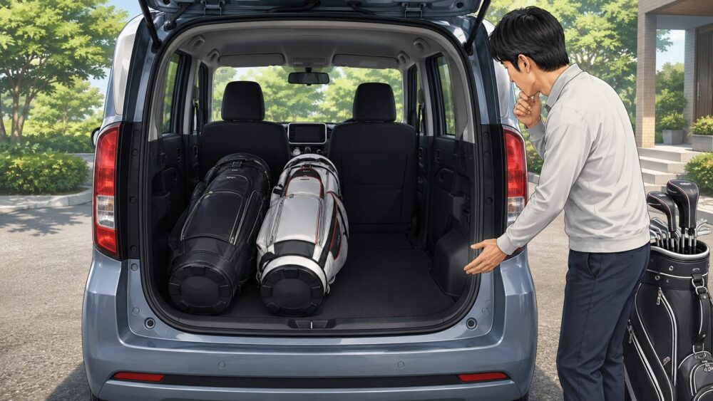 コンパクトミニバンの荷室にゴルフバッグ2個を積み、残りのスペースを確認する日本人男性