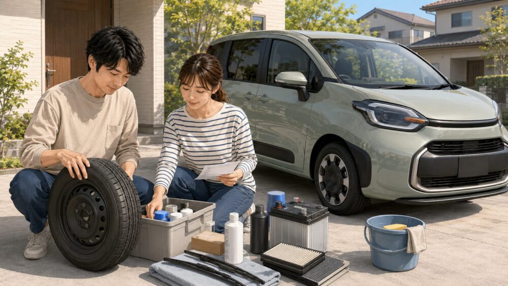 シエンタのタイヤやバッテリーなど消耗品を確認する日本人夫婦