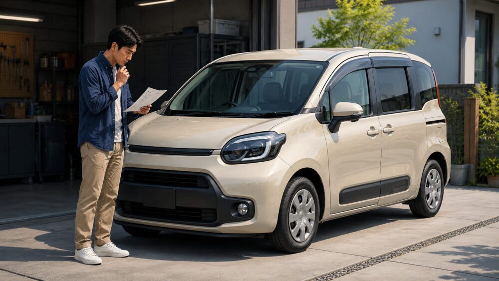 シエンタのそばで車検証を確認し、型式や年式を照合する男性