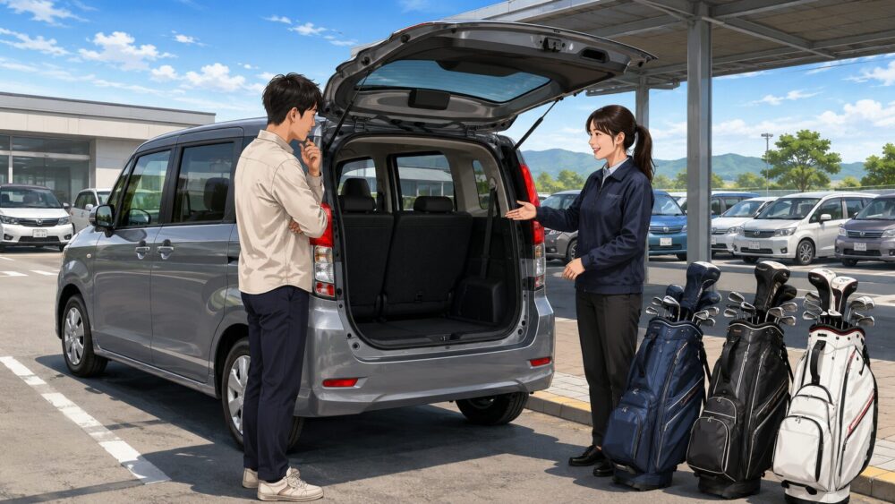 レンタカー営業所で、日本人利用者とスタッフがゴルフバッグを積める荷室か確認する様子