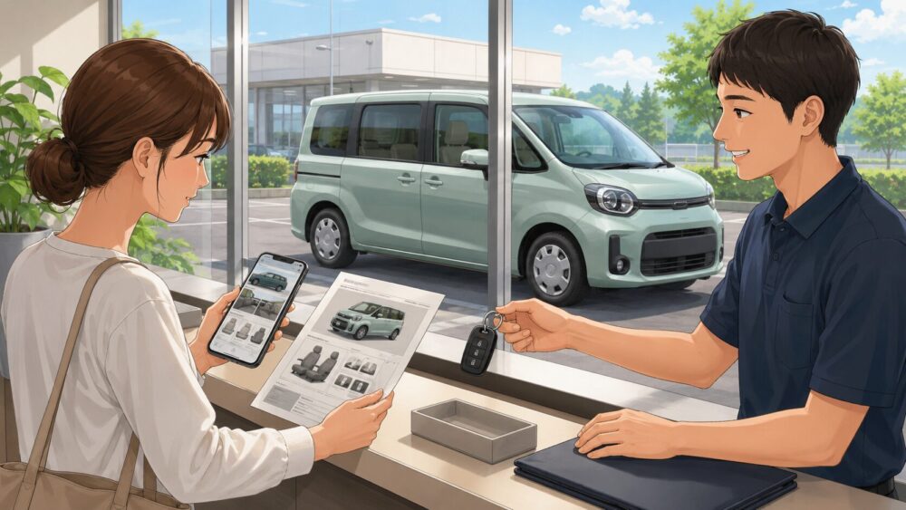 レンタカー店舗で利用者が車両資料とスマートフォンを確認し、スタッフから鍵を受け取る様子