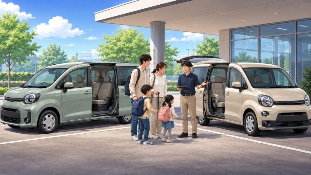 新旧のシエンタレンタカーを前に、家族がスタッフへ座席数や乗車定員を確認している様子