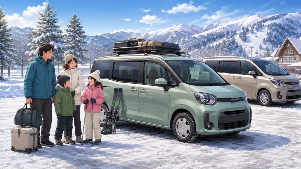 雪山の駐車場で冬装備を整えたシエンタミニバンと、大型ミニバンを比較する家族の様子