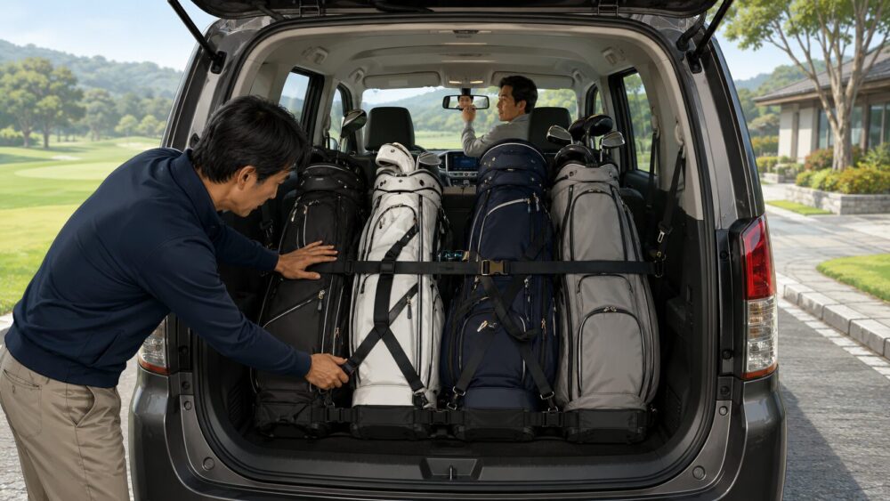 コンパクトミニバンの荷室で、4個のゴルフバッグをベルトで固定し後方視界を確認する様子