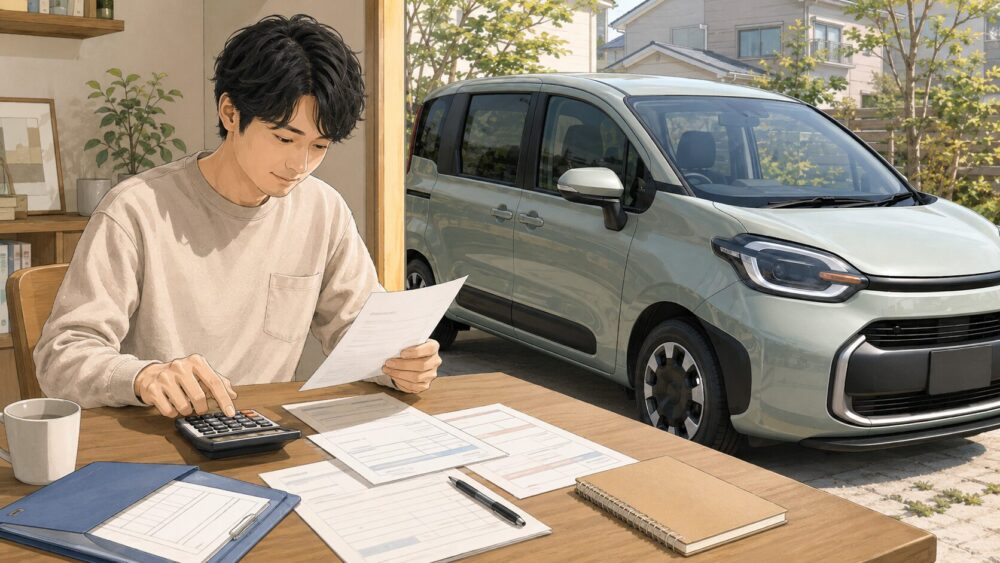シエンタの自動車税や重量税の書類を電卓で確認する男性
