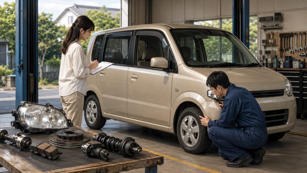 整備工場でシエンタの車両状態と交換部品の適合を確認する整備士と女性