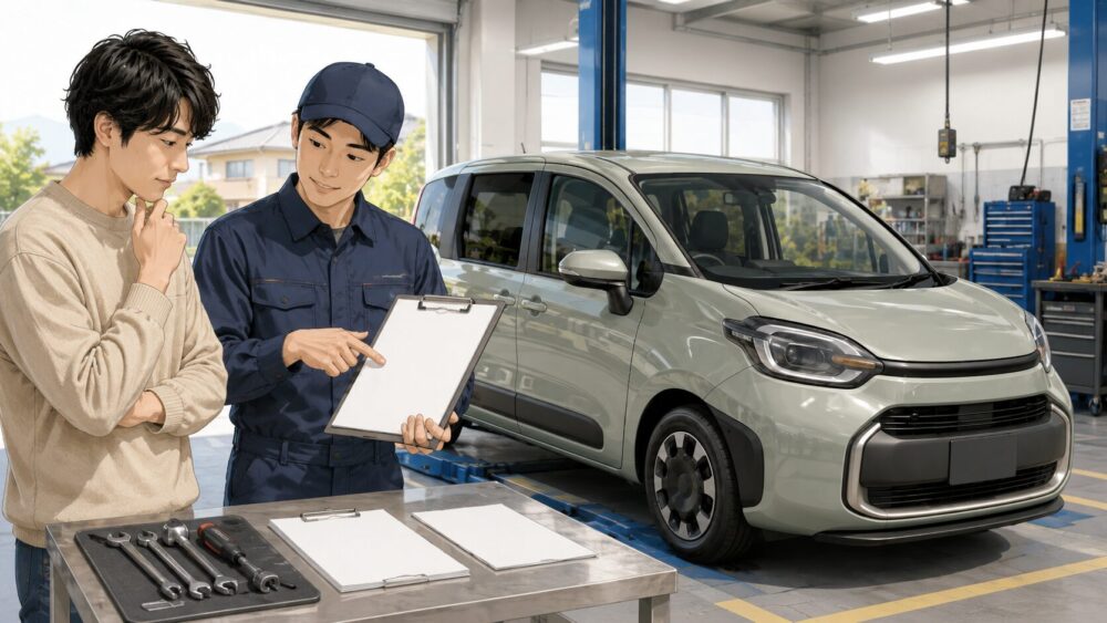 整備工場でシエンタの車検費用と点検内容を確認する男性
