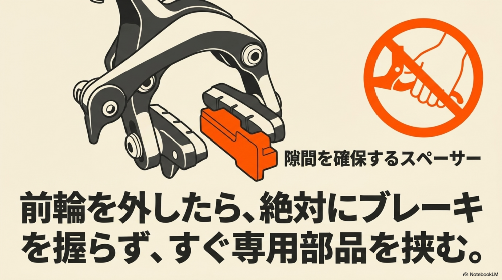 ロードバイクの前輪を外した際にブレーキレバーを握らずブレーキ部分へ専用スペーサーを入れる注意点を示した図