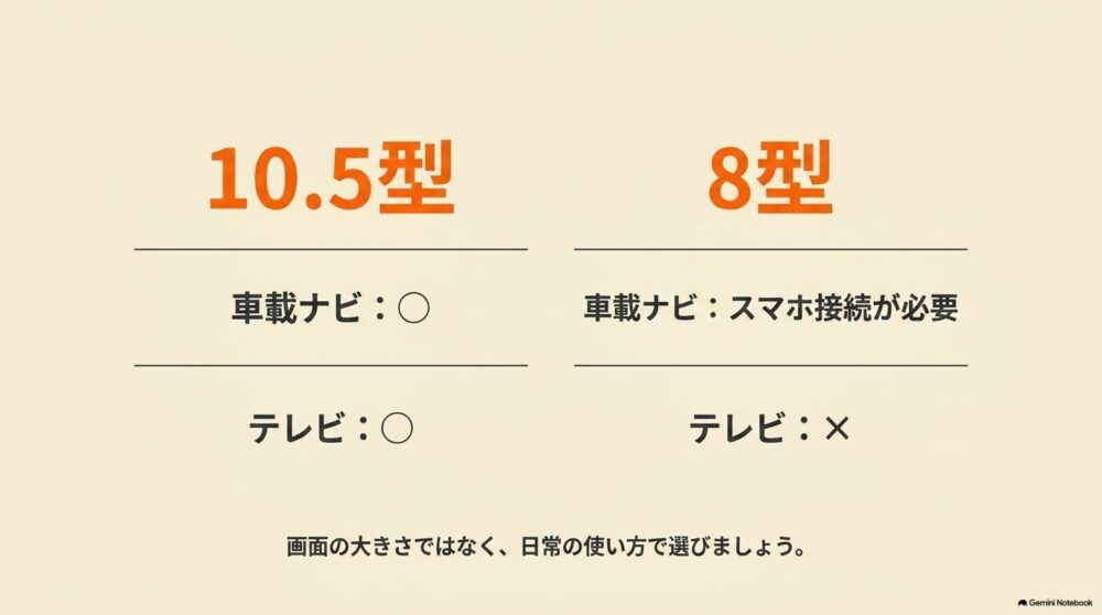 シエンタ10.5インチPlusと8インチの車載ナビとテレビ機能の違いを比較した図