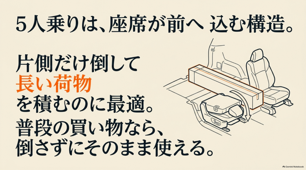 シエンタ5人乗りの後部座席を片側だけ倒して長い荷物を積載するチルトダウン構造の図解