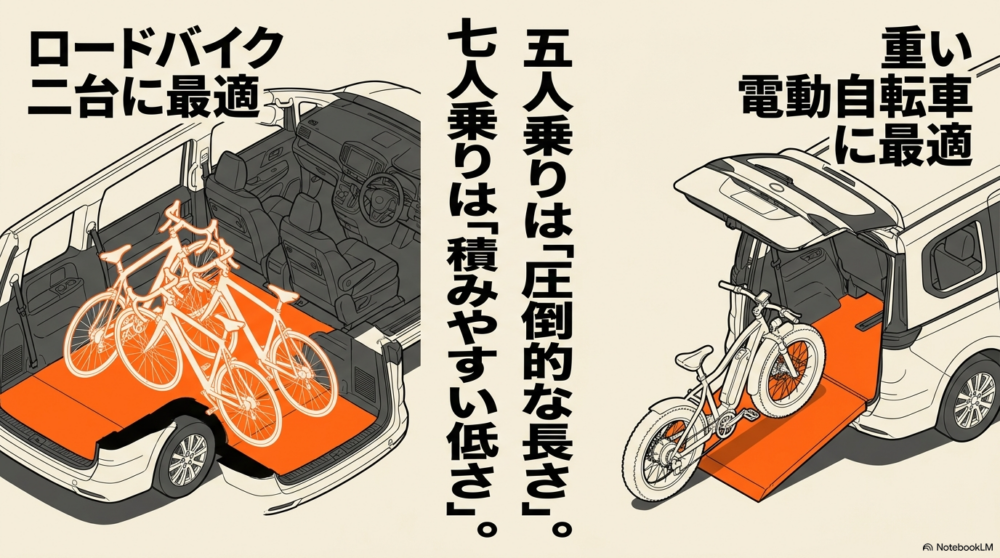 シエンタ5人乗りの荷室へロードバイク2台を積む例と7人乗りの低い荷室床へ重い電動自転車を載せる例を比較した図