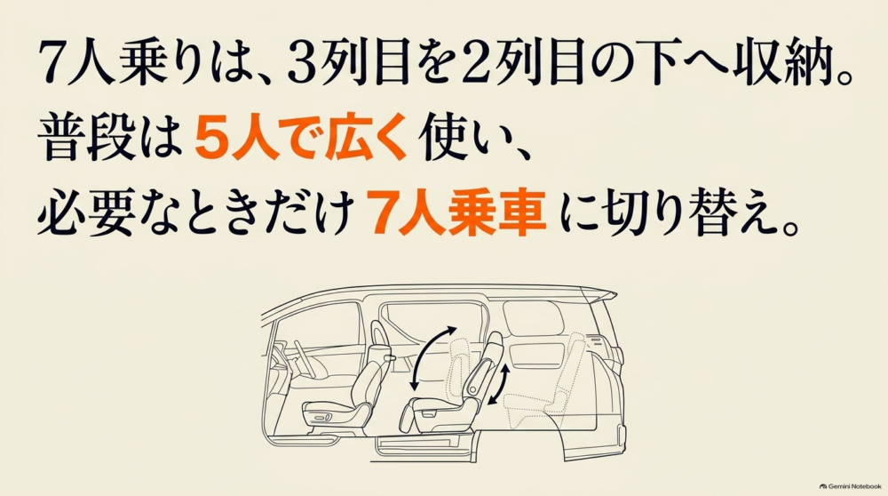 シエンタ7人乗りで3列目シートを2列目下へ収納して5人乗車と荷室を両立する図解