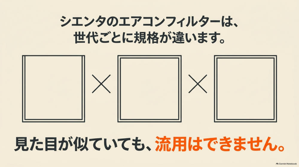 シエンタのエアコンフィルターは世代ごとに規格が異なり流用できないことを示す図