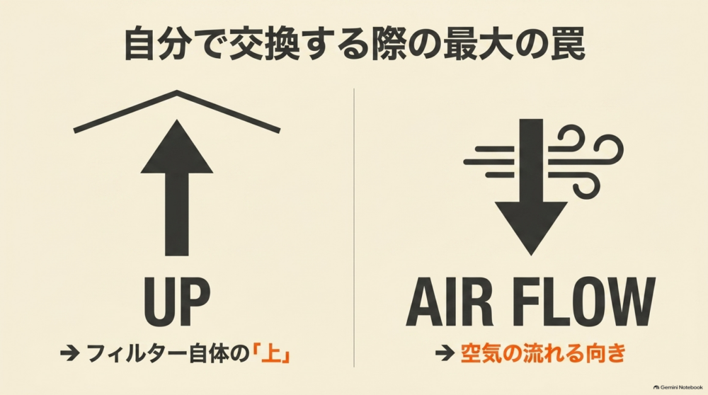 シエンタのエアコンフィルターでUPは上方向、AIR FLOWは空気の流れる方向を示す図