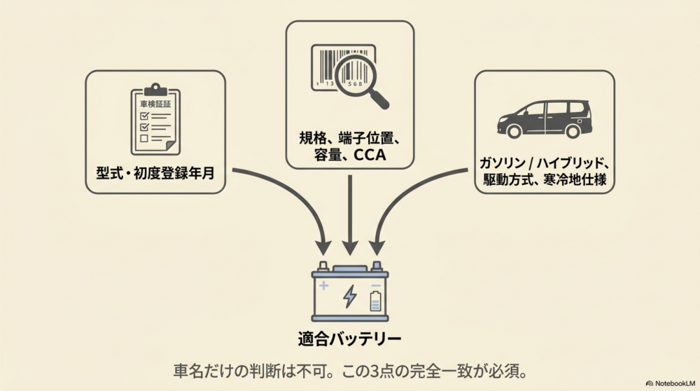 シエンタの適合バッテリーは、車検証（型式・初度登録年月）、バッテリー規格（端子位置、容量、CCA）、車両情報（ガソリン・ハイブリッド、駆動方式、寒冷地仕様）の3点の完全一致が必須であることを示す図解  