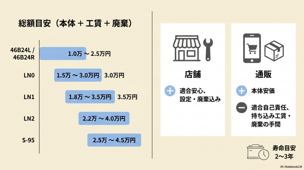 シエンタのバッテリーサイズ別（46B24L/R、LN0、LN1、LN2、S-95）の交換費用総額目安と、店舗交換・通販購入のメリット・デメリット比較表  