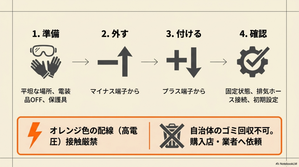 シエンタのバッテリー交換の4つの手順（準備、外す、付ける、確認）と、ハイブリッド車の高電圧配線やバッテリー廃棄に関する注意点  