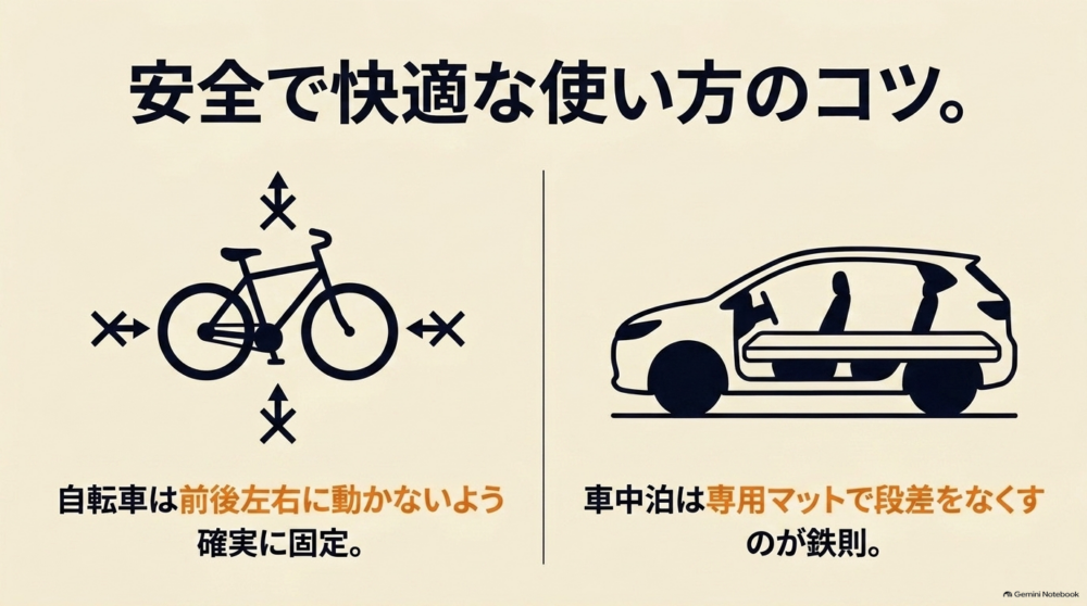 シエンタで自転車を前後左右に固定し車中泊では専用マットで荷室の段差を整える方法の図解