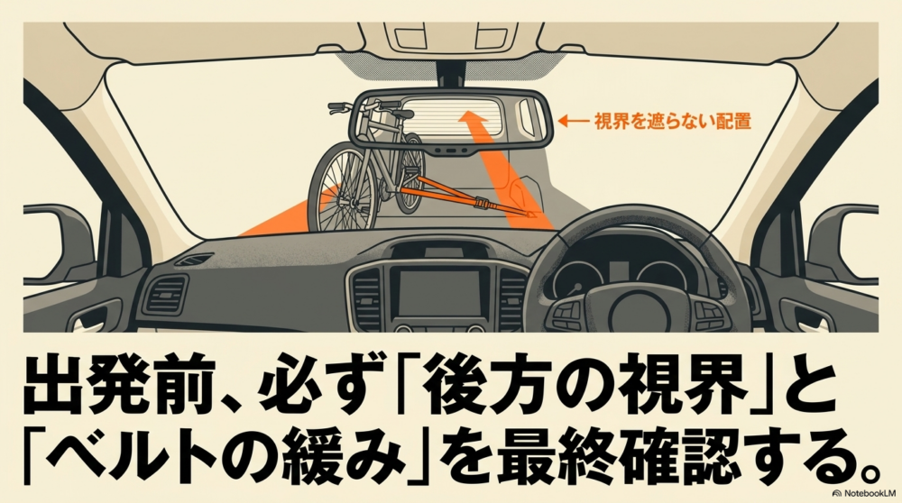 シエンタの運転席から後方視界を確認し自転車を固定したベルトの緩みを出発前に点検する様子を示した図