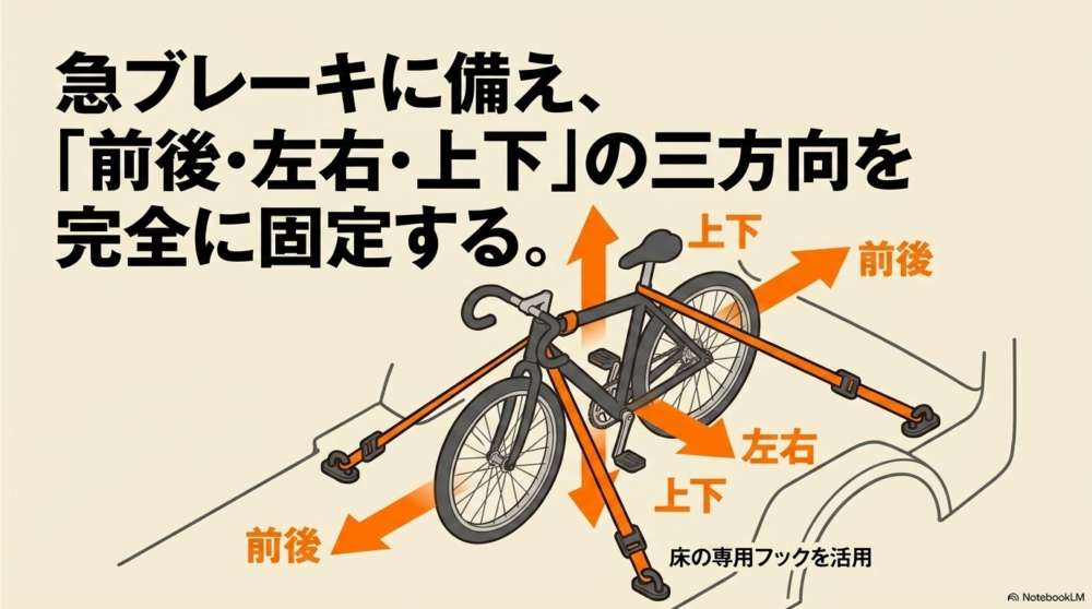 シエンタの荷室で自転車を前後・左右・上下の三方向からベルトと床面フックで固定する方法を示した図