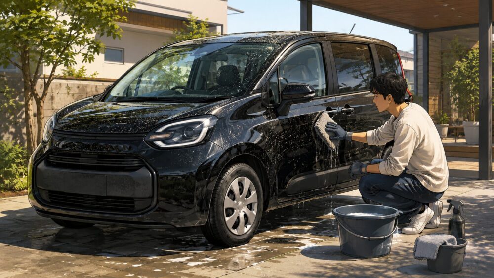 汚れや水滴が目立ちやすい黒い新型シエンタを自宅で洗車する様子