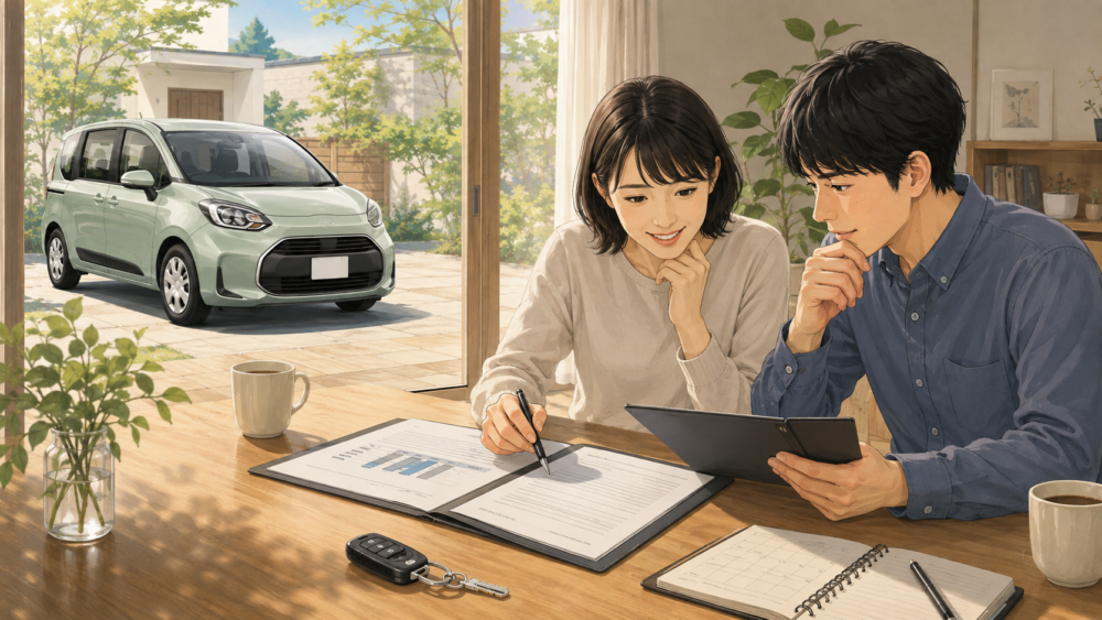 シエンタのカーリース料金と契約条件を夫婦で確認するイメージ