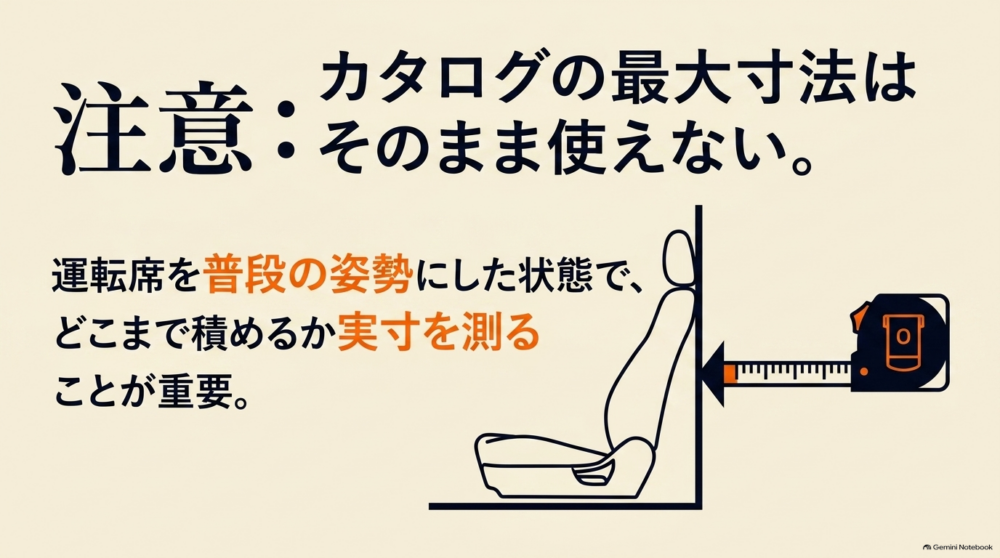 シエンタの運転席を普段の姿勢に合わせて実際に使える荷室長を測定する方法の図解